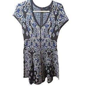Etcetera Womens Knit Dress M Blue & Black Patterned V-Neck Short Sleeve